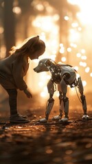 Girl gently touches a robotic dog in a sunlit forest.
