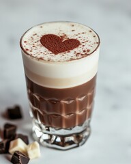 Warm and Inviting Chocolate Beverage with Heart-Shaped Cocoa Dusting and Silky Foam in a Glass, Surrounded by Chocolate Pieces on a Marble Surface