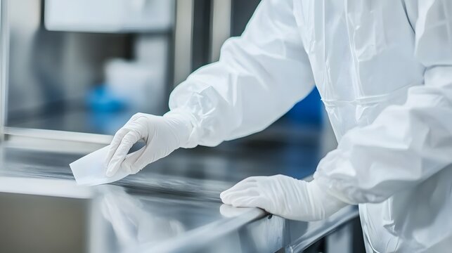 Close-up of gloved hands in a cleanroom meticulously wiping a stainless steel surface.  Maintaining sterility is paramount in this precise environment.