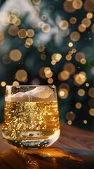 Sparkling beer in glass on wooden surface with bokeh background.