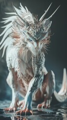 Majestic white mythical creature with dragon-like features, ornate details, and piercing blue eyes, poised in a dramatic dark setting.