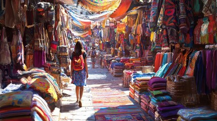 Obraz premium Woman Walks Through A Vibrant Colorful Market