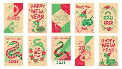 Happy New Year 2025 poster collection on transparent background