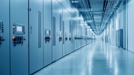 Modern smart grid power distribution center. Advanced control panels neatly aligned along wide hallway. Industrial style facility with ample white space. Cutting-edge tech evident in setup. Tech