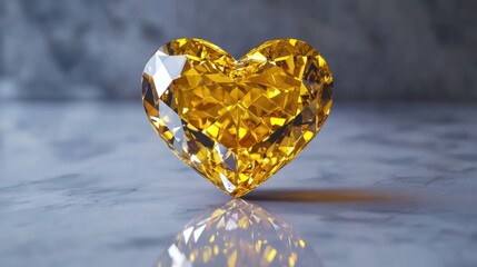 Fototapeta premium Sparkling yellow heart-shaped gemstone on marble. generative ai