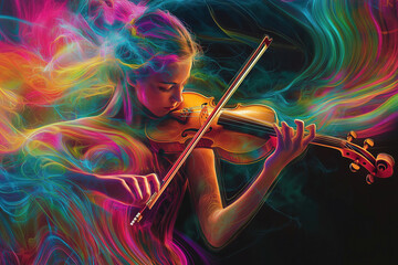 Fototapeta premium Dreamlike woman playing violin surrounded by vibrant colorful artistic swirls