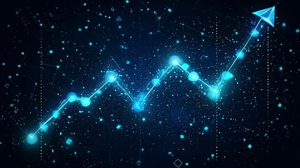 Upward trending graph with glowing nodes and a paper airplane.