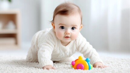 Baby crawling on a soft rug, playing with a colorful toy.