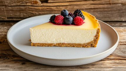 New York cheesecake with fresh berries on white plate
