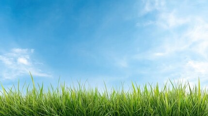 Lush green grass under a bright blue sky with scattered clouds.