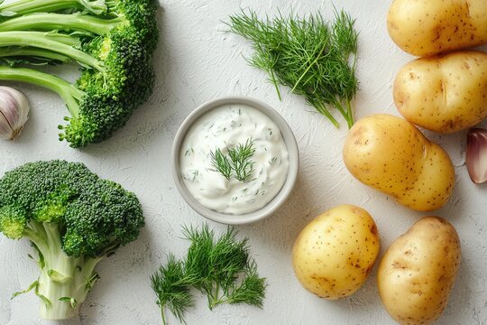 Top-down view of fresh organic vegetables and ingredients, including broccoli, potatoes, dill, garlic, and creamy yogurt dip, arranged aesthetically on a textured light background, perfect for healthy