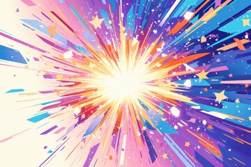 A vibrant explosion of colors and shapes radiating outward with stars.