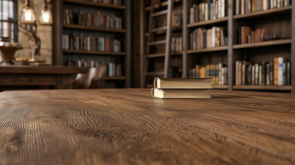 Product display on modern library background with empty wooden table.
