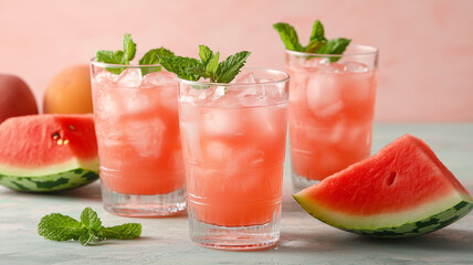 Summer watermelon juice in two glasses with ice on pink background.

