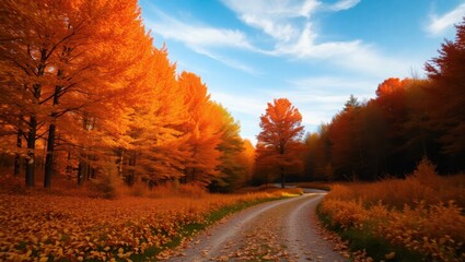 Obraz premium Autumnal Road Through Vibrant Orange Trees
