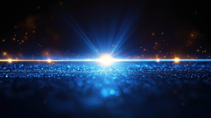 Bright blue light beams radiate from center creating starburst effect. Dark background with glowing sparkles. Abstract design with optical illusion of light rays shining. Futuristic, magical cosmic