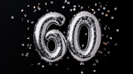 Silver balloon number 60 on black background with confetti. Festive decoration for celebration. Anniversary or birthday theme. Stylish design. Ideal for invitations or cards.