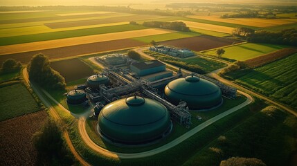 Rural biogas plant processes agricultural waste. Tanks, digesters surrounded by fields. Modern eco tech used to process waste in rural area. Sustainable energy production. Agricultural waste