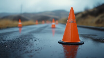 Wet Roadway Traffic Cones on a Rainy Day Scenic Mountain Road. generative ai