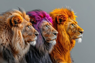 Fototapeta premium A family of lions with vibrant colored manes set against a minimalist gray background, emphasizing their uniqueness