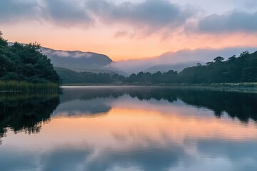 soothing pastel sky reflected in rippling water