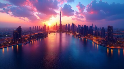 Fototapeta premium Vibrant Sunset over City Skyline and Water