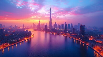 Fototapeta premium Vibrant Skyline Sunset: City, Water, Lights