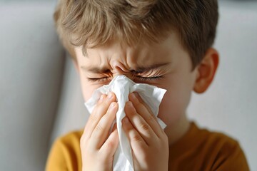 Young boy with cold allergy symptoms sneezing into tissue. Looks unwell, facial expressions of pain, discomfort. Boy wearing casual clothes. Health care concept. Child with runny nose. Possible viral