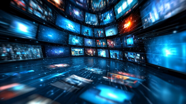 Streaming Data Tunnel Abstract Multimedia Background with Various Channels, Web TV Video Technology
