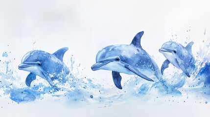 Dolphin family swimming in watercolor art with splashes of blue