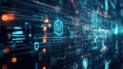 Fototapeta premium Abstract digital interface with glowing data streams and icons.