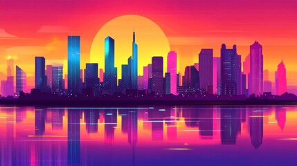 Fototapeta premium Vibrant Urban Skyline at Twilight with Bright Colors