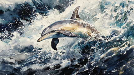 Fototapeta premium Dolphin jumping out of water, splashing waves, vibrant watercolor art