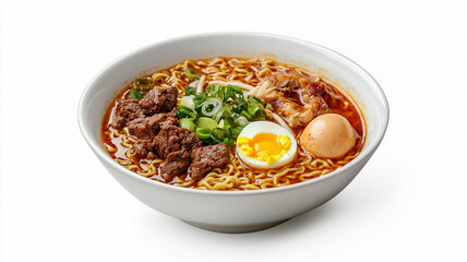Ramen noodles with meat, vegetables and egg isolated on white background

