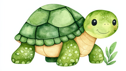 Fototapeta premium Cute green turtle illustration with watercolor texture and smiling expression