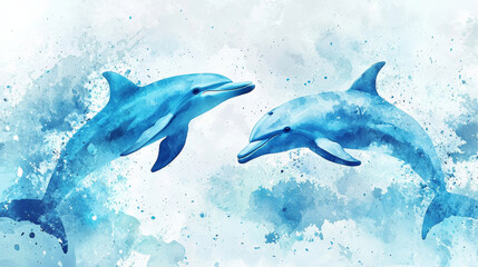 Fototapeta premium Dolphins swimming in blue watercolor art, showcasing their playful nature
