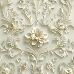 3d beige wallpaper with elegant swirls and floral patterns,