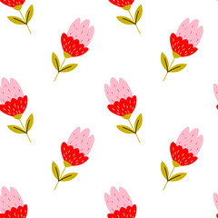 Floral pattern featuring red and pink flowers with green leaves on a white background
