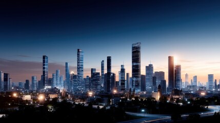 Naklejka premium A modern city skyline at dusk with illuminated skyscrapers.