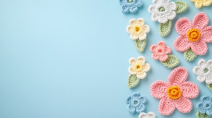 This vibrant collection of crocheted flowers features an assortment of colors and shapes, ideal for any craft lover.