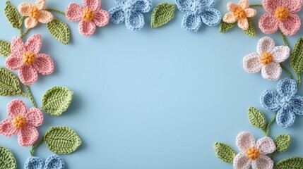 An artistic design featuring crocheted flowers in various colors and styles, showcasing creativity and warmth.