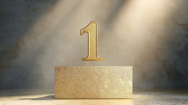 Golden number one floats above textured gold podium. Luxury award concept. Success, achievement highlighted. Elegant design. Winner pedestal. Champion display. First place. High quality rendering.