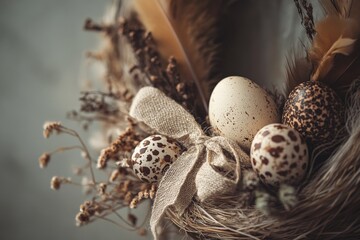 Obraz premium A sophisticated display of eggs with earthy tones and textures emphasizing the beauty of natural elements for Easter.