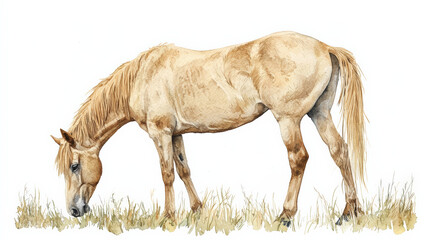 Watercolor painting of grazing horse in serene landscape