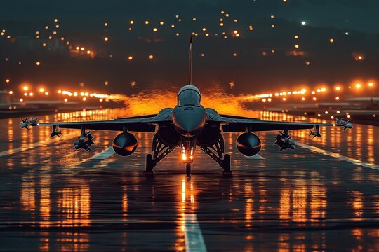 Modern jet fighter aircraft positioned on wet runway at night. Powerful engine exhaust illuminates dark tarmac. City lights blur in background. Military plane ready for night mission. Fast, advanced