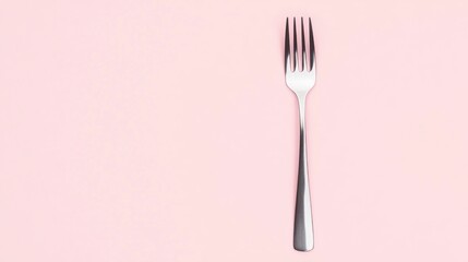 A simple silver fork on a pastel pink background.