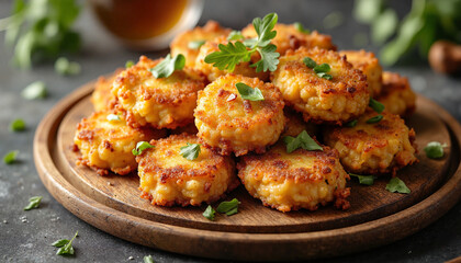 Golden Fritters on a Wooden Platter Garnished with Fresh Herbs Evoking a Delicious and Inviting Atmosphere Perfect for Sharing at a Cozy Gathering