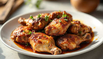 Braised meats served on a plate with glossy glaze and fresh herbs, showcasing tender chicken legs in a rich, savory sauce, surrounded by a rustic kitchen setting