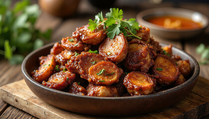 Braised Meats in a rustic bowl garnished with fresh herbs evokes a warm, inviting atmosphere while showcasing a deliciously rich dish on a wooden table
