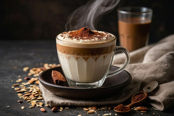 a oat milk latte with cocoa powder